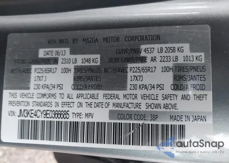 2014 Mazda Cx-5 Touring z USA, uszkodzony, nr VIN JM3KE4CY9E0366685